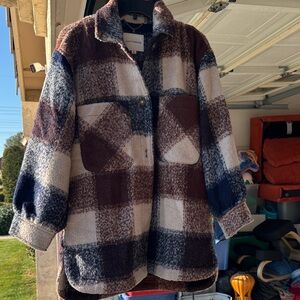 Lucky Brand Plaid Teddy Jacket in Brown, Blue, and Cream